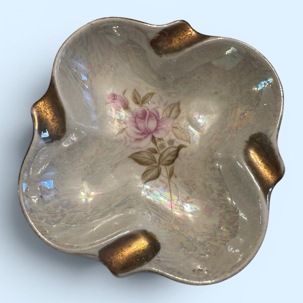 Handpainted 3" Porcelain Square Ashtray White w/ Pink Roses & Gold Made in Japan